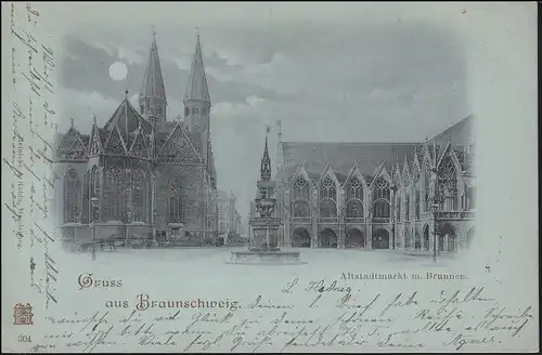 AK Gruss aus Braunschweig Altstadtmarkt mit Brunnen 16.8.1898 nach Gelsenkirchen