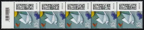 3645 Brieftaube 85 Cent aus 200er (BDB), 5er-Streifen mit kleinem Codierfeld **