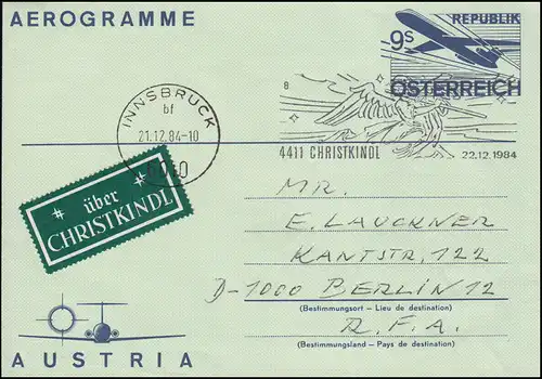 Österreich Aerogramme LF 19 mit SSt CHRISTKINDL Engel mit Flöte 22.12.1984