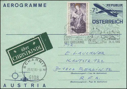 Österreich Aerogramme LF mit Zusatzfrankatur SSt CHRISTKINDL 24.12.1983