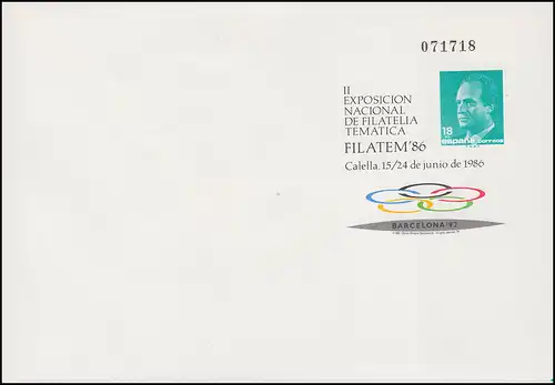 Espagne Enveloppe spéciale 18 Pta Exposition FILATM'86 et OLYMPIA'92, inutilisé