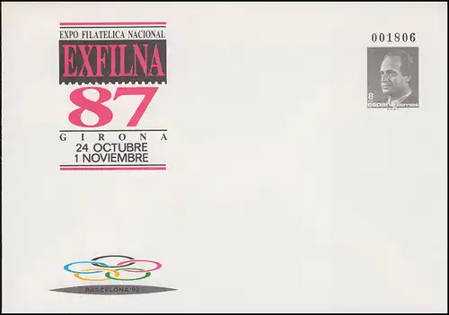 Espagne Enveloppe spéciale 8 Pta Exposition EXFILNA'87 et OLYMPIA'92, non utilisé