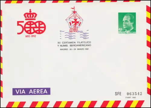 Espagne Transport aérien spécial 45 Pta Exposition Madrid 1987, inutilisé