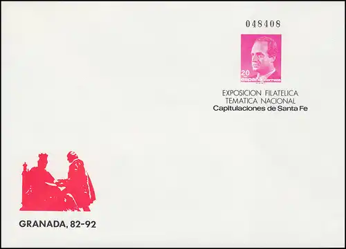 Spanien Sonderumschlag 20 Pta Ausstellung Santa Fe (Granada) 1992, ungebraucht