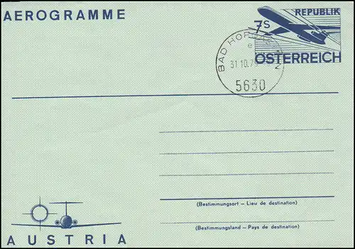 Autriche Aerogrammes LF 18 avec cachet de faveur BAD HOFGASEIN 31.10.1979