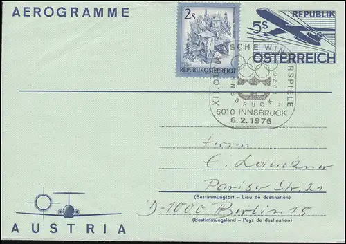 Österreich Aerogramme LF 16 mit Zusatzfr. SSt INNSBRUCK Olympia 6.2.1976