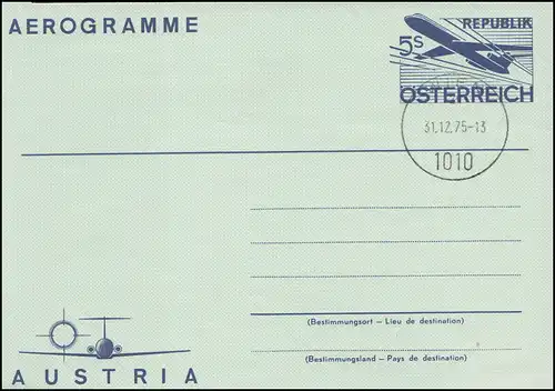 Autriche Aerogrammes LF 16 avec cachet de faveur 1010 WIENNE 31.12.1975