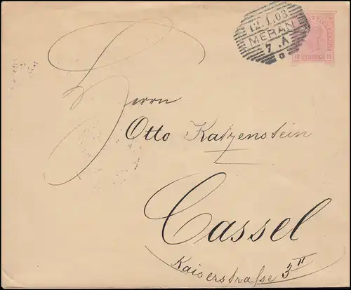 Österreich Umschlag 69 Kaiser Franz Joseph 10 Heller, MERAN 12.1.1903 n. KASSEL