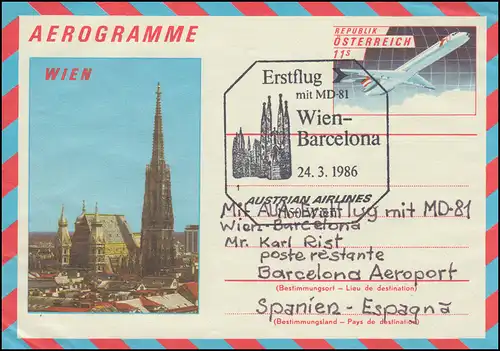 Autriche Aerogrammes LF 20 Premier vol MD-81 Vienne-Barcelone 24.3.1986