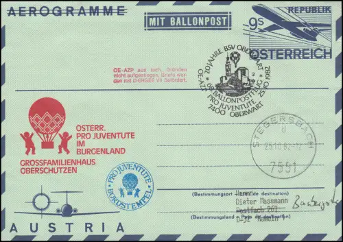 Österreich Aerogramme LF 19 BALLONPOST OE-AZP 68. Ballonflug Oberwart 25.10.1982