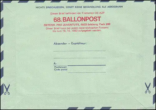Autriche Aerogrammes LF 19 BALLONPOST OE-AZP 68. Vol en ballon Oberwart 25.10.1982