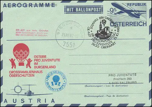 Autriche 68. Vol en ballons Lettre postale aérienne LF 19, SSt 7400 BOBERWART 25.10.1982