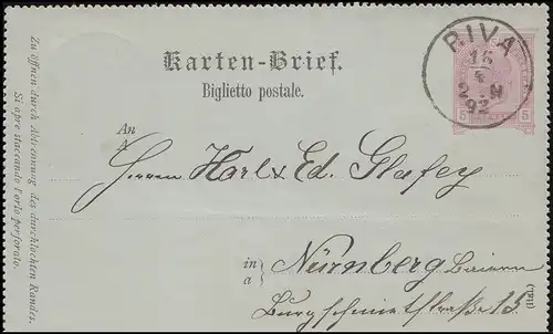 Autriche Carte de crédit K 24 RIVA 16.4.1892 vers NÜRNBERG II 17.4.92