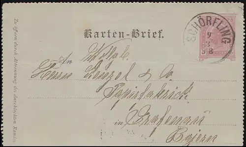 Autriche Carte de crédit K 22 SCHÖRFLING 9.3.1898 vers GRAFENAU 10.3.98