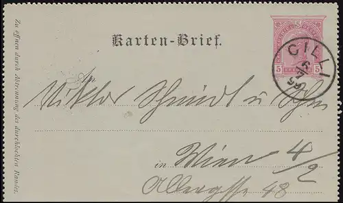 Autriche Carte de crédit K 22 CILLI 6.7.1899 vers WIENNE 7.7.99