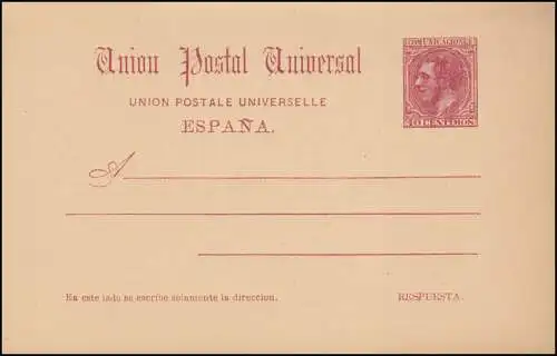 Espagne Carte postale P 13 Roi Alfons XII. Carte double 10/10 Centimos, non utilisé