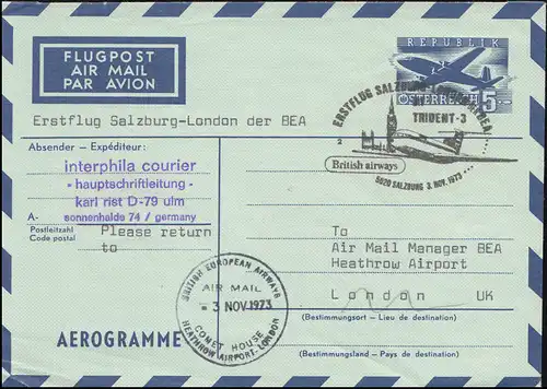Autriche Aerogrammes LF 14 Premier vol Salzbourg-Londres de la BEA SSt 3.11.1973