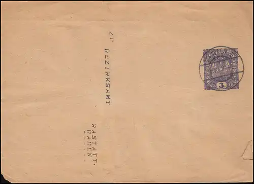 Autriche Streifband Wappen 3 Heller, WIENNE 20.11.1916 a Rastatt / Baden