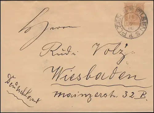 Autriche Streifband S 6 Empereur Franz Joseph 3 Heller, PLZEN PILSEN 11.1.1906