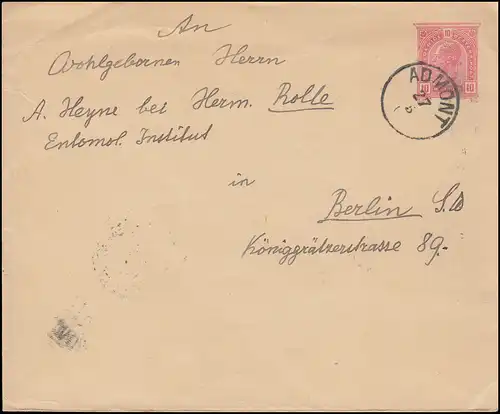 Österreich Umschlag 69 Kaiser Franz Joseph 10 Heller, ADMONT 27.5.1904 n. BERLIN
