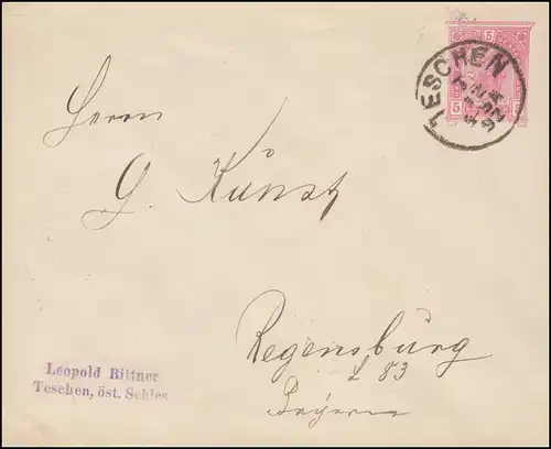 Österreich Umschlag 64a Kaiser Franz Joseph 5 Kreuzer, TESCHEN 7.12.1892