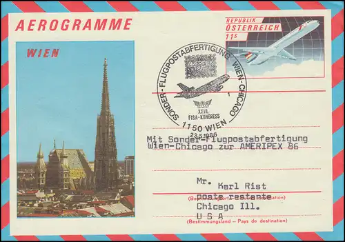 Österreich Aerogramme LF 20: Sonderflugpost Wien-Chicago 23.5.86 zur AMERIPEX