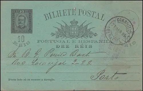 Portugal Postkarte P 24 Carlos I. 10 R schwarz von PENAFIEL 21.4.1896 nach Porto