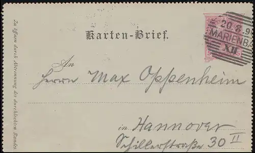 Österreich Kartenbrief K 22 MARIENBAD XII 20.8.1896 nach HANNOVER 1 - 21.8.96