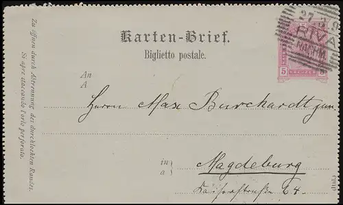 Österreich Kartenbrief K 22 RIVA 27.3.1895 n. MAGDEBURG 29.3.95, geprüft KLICKOW