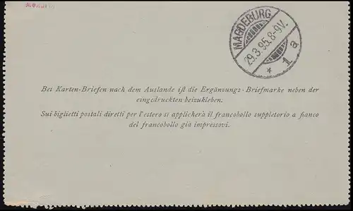 Autriche Carte-lettre K 22 RIVA 27.3.1895 n. MAGDEBURG 29.3.95, audité KLICKOW