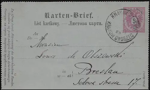 Österreich Kartenbrief K 12 KRAKAU BAHNHOF KRAKOW DWORZEC 11.3.1889