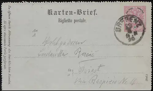 Österreich Kartenbrief K 10 BREGENZ 20.6.1890 nach Forst über MAGDEBURG 22.6.90