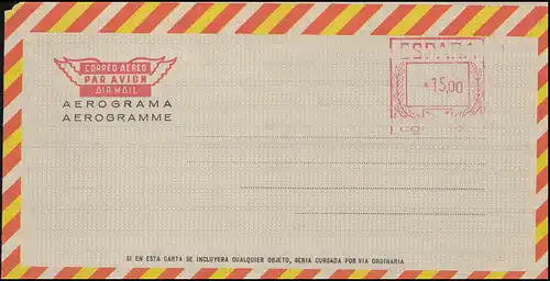 Espagne Lettre postale aérienne LF 102 cachet gratuit 15,00 Ptas. non utilisé, erreur d'angle
