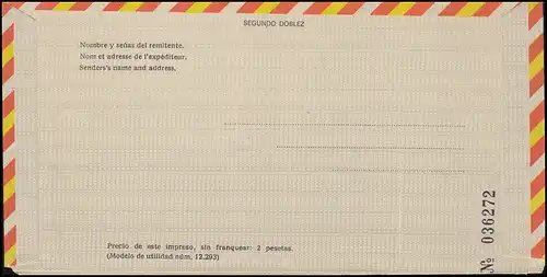 Spanien Luftpostfaltbrief LF 102 Freistempel 15,00 Ptas. ungebraucht, Eckfehler