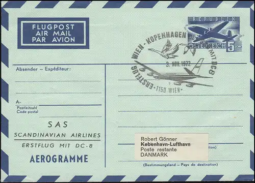 Autriche Aerogrammes LF 14 Pression spéciale SAS Premier vol avec DC-8, SSt Wien 3.1.72