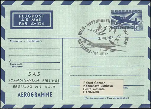 Österreich Aerogramme LF 14 Sonderzudruck SAS Erstflug mit DC-8, SSt Wien 3.1.72