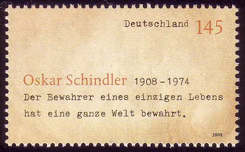 2660 Oskar Schindler, Set zu 10 Briefmarken, alle ** postfrisch