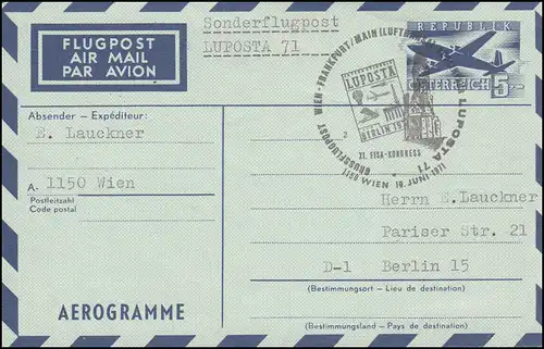 Österreich Aerogramme LF 13I Sonderflug Wien-Frankfurt/M. 10.6.1971 zur LUPOSTA