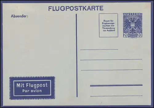 Autriche Carte postale aérienne LP 4 Armoiries 20 G., non utilisé, légèrement taché