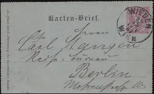 Autriche Carte lettre K 8 VIENNE VIET 22.10.1887 vers Berlin 23.10.87