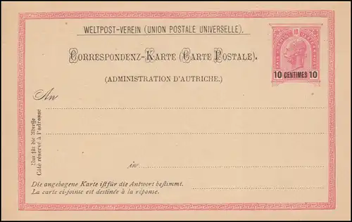 Carte postale Levante P 21 Impression 10 CENTIMES sur 10 clair, non utilisé