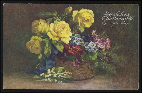 AK Geburtstagskarte Blumenkorb Rosen Veilchen Schneeglöckchen WIPSHAUSEN 21.6.28
