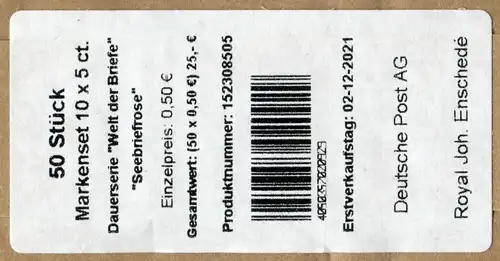 FB 113III Seebriefrose 5 Cent, Folienblatt-BANDEROLE Royal Enschede 02-12-2021