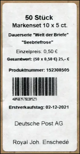 FB 113III Seebriefrose 5 Cent, Folienblatt-BANDEROLE Royal Enschede 02-12-2021