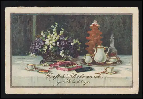 Table d'anniversaire AK avec couvert et fleurs, BOURSEAU 27.2.1926