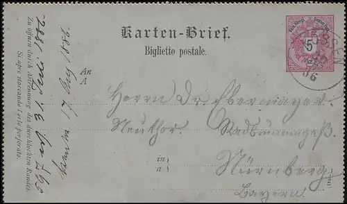 Österreich Kartenbrief K 10 KÖSSEN 30.7.1886 über KUFSTEIN 30.7.86 nach Nürnberg