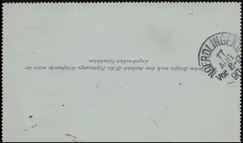 Österreich Kartenbrief K 8 LEOPOLDSTADT WIEN 16.8.1890 nach NÖRDLINGEN 17.8.