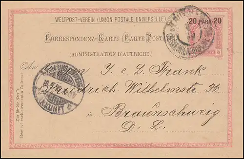 Levante Postkarte P 12a Aufdruck 20 Para auf 5 Kreuzer, 48 mm, JERUSALEM 1899