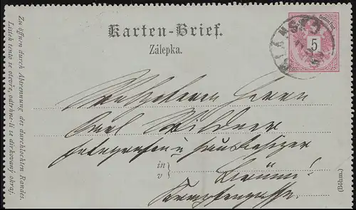 Österreich Kartenbrief K 9 BLANSKO 7.9.1889 nach BRÜNN STADT BRNO MESTO 7.9.89