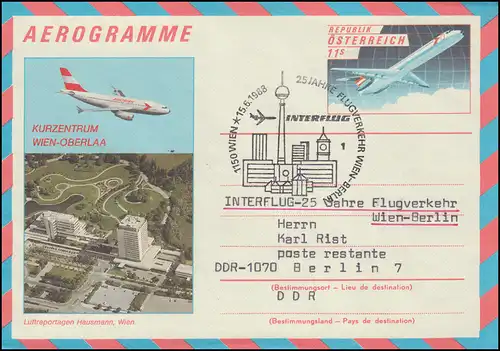 Österreich Aerogramme LF 22 SSt Sonderflug Wien-Berlin mit INTERFLUG 15.6.1988